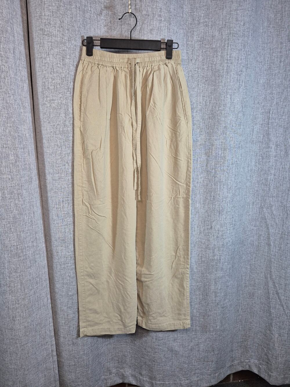 Selene Paris Sport 100% Silk Pants Medium Beige Elastic Waist Wide Leg Pockets